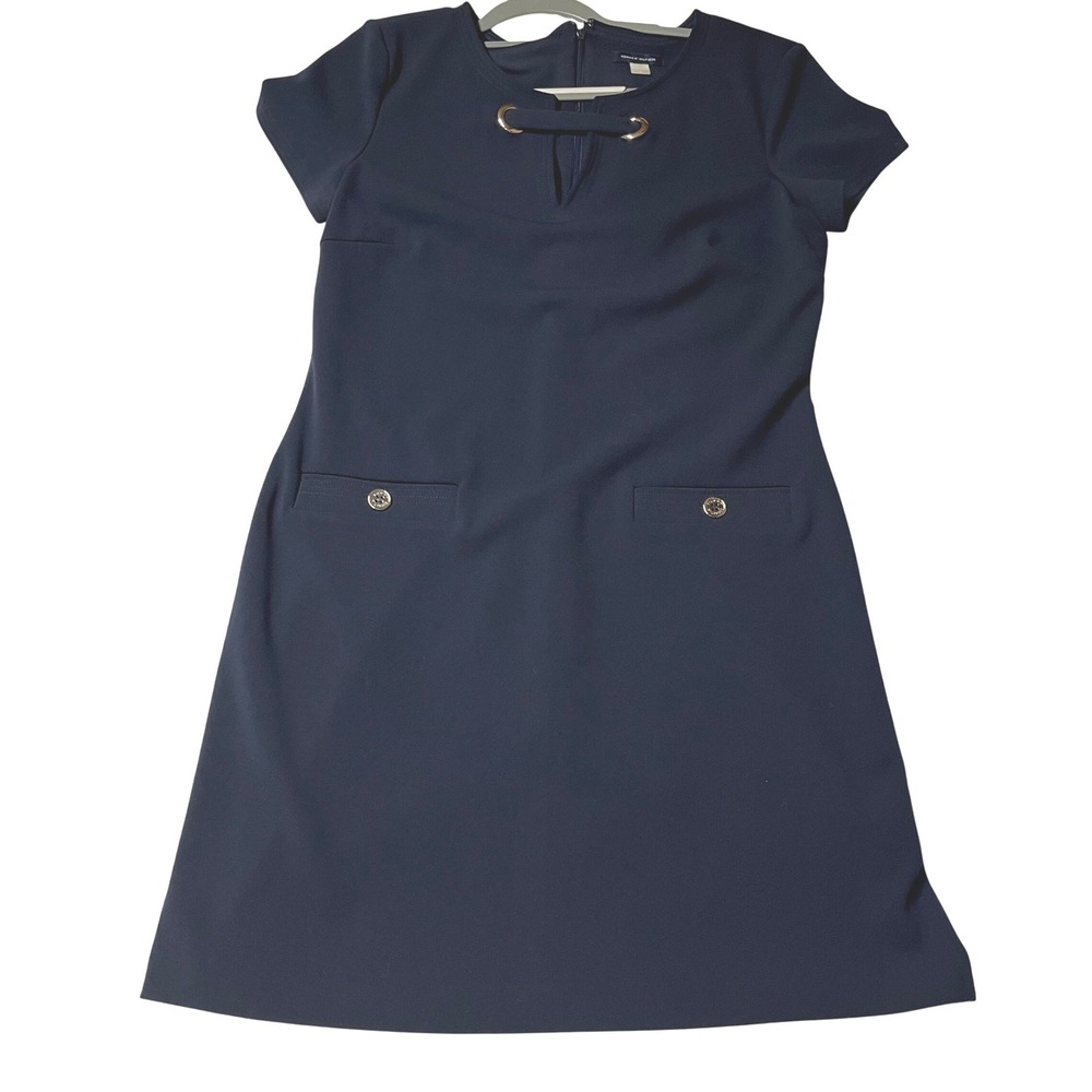 Tommy Hilfiger Navy Blue Sheath Dress Gold Hardware Keyhole Neck Pockets Size 8